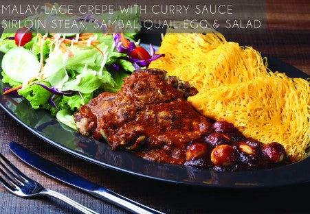 Fusion - FS-02 MALAY LACE CREPE WITH CURRY CHICKEN STEAK, SAMBAL QUAIL EGG & SALAD